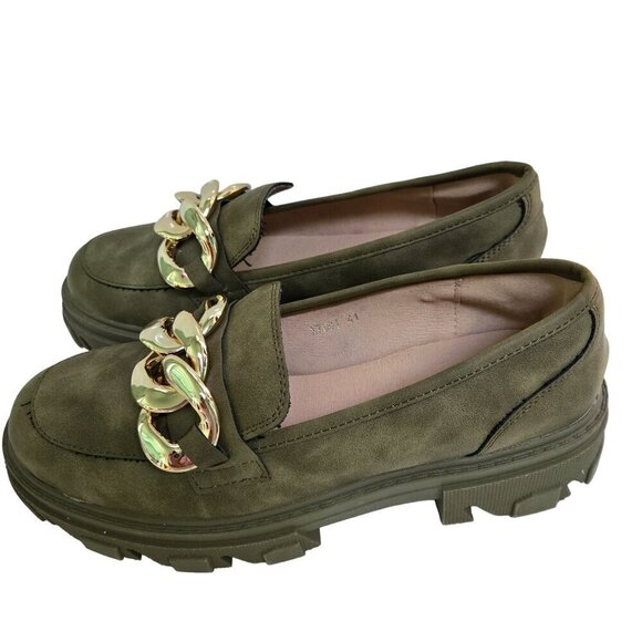 Alta Moda Super Chunky Olive Green Gold Chain Vegan Leather Loafers Size 41 - Picture 2 of 8